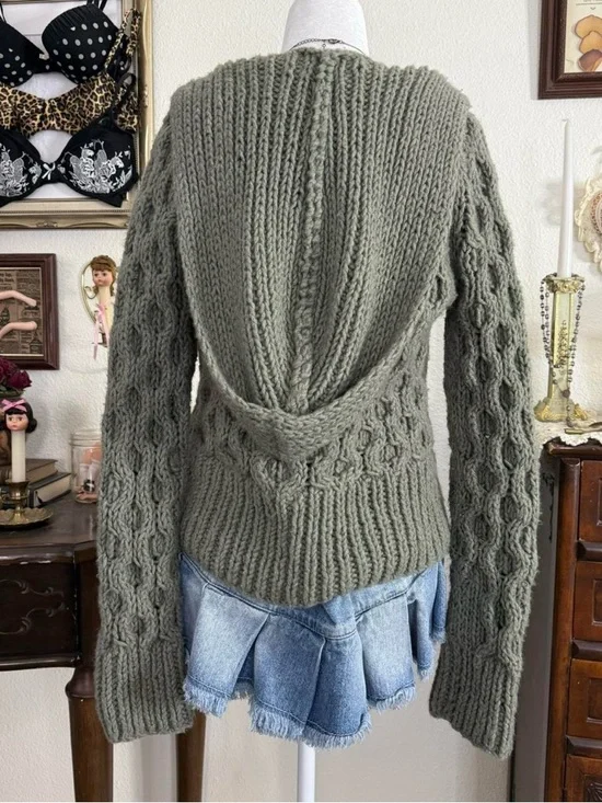 y2k cozy fairy grunge boho twee sage green chunky knit hooded cardigan w pockets - Picture 5 of 6